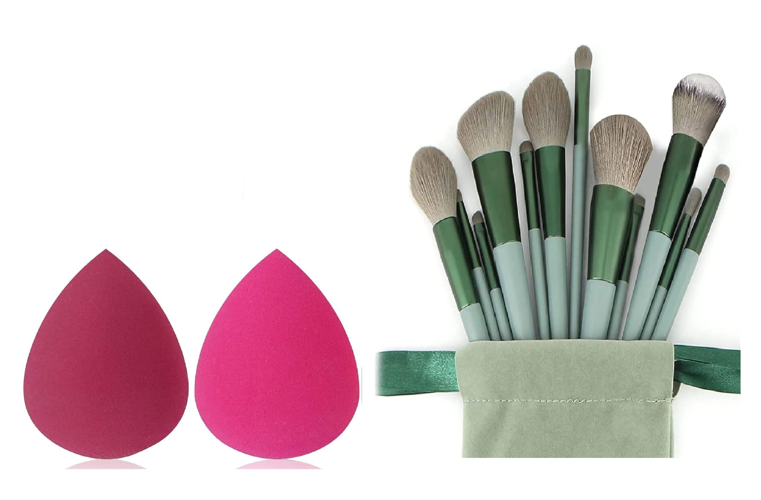 Makeup Brush Set with Sponge Blender, 13 Pieces, Green, Professional Cosmetic Brushes with Storage Pouch-image-48