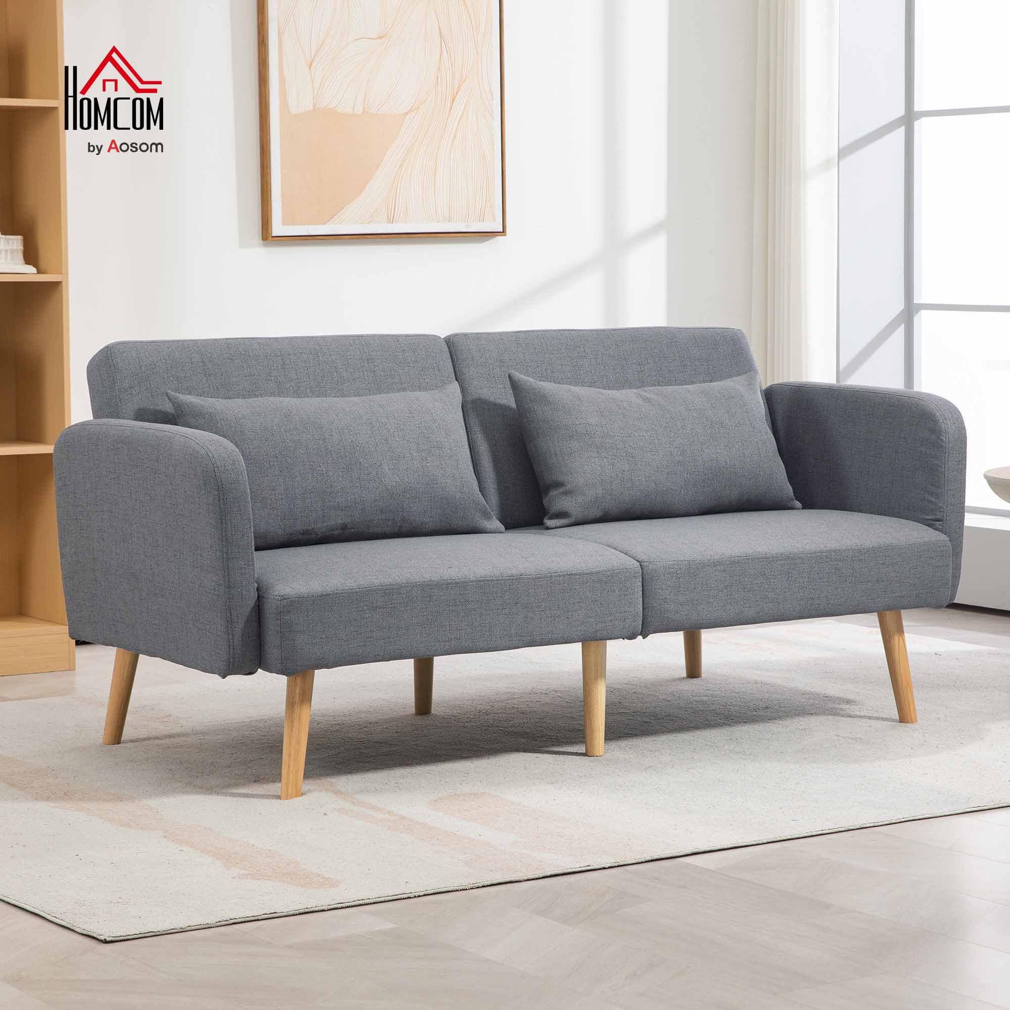 HOMCOM Canapé Convertible 3 Places Canapé-Lit 2 Places Clic Clac Gris | Dossier Inclinable, Accoudoirs Réglables, Tissu Effet Lin, Pieds en Bois Massif, 2 Coussins Lavables