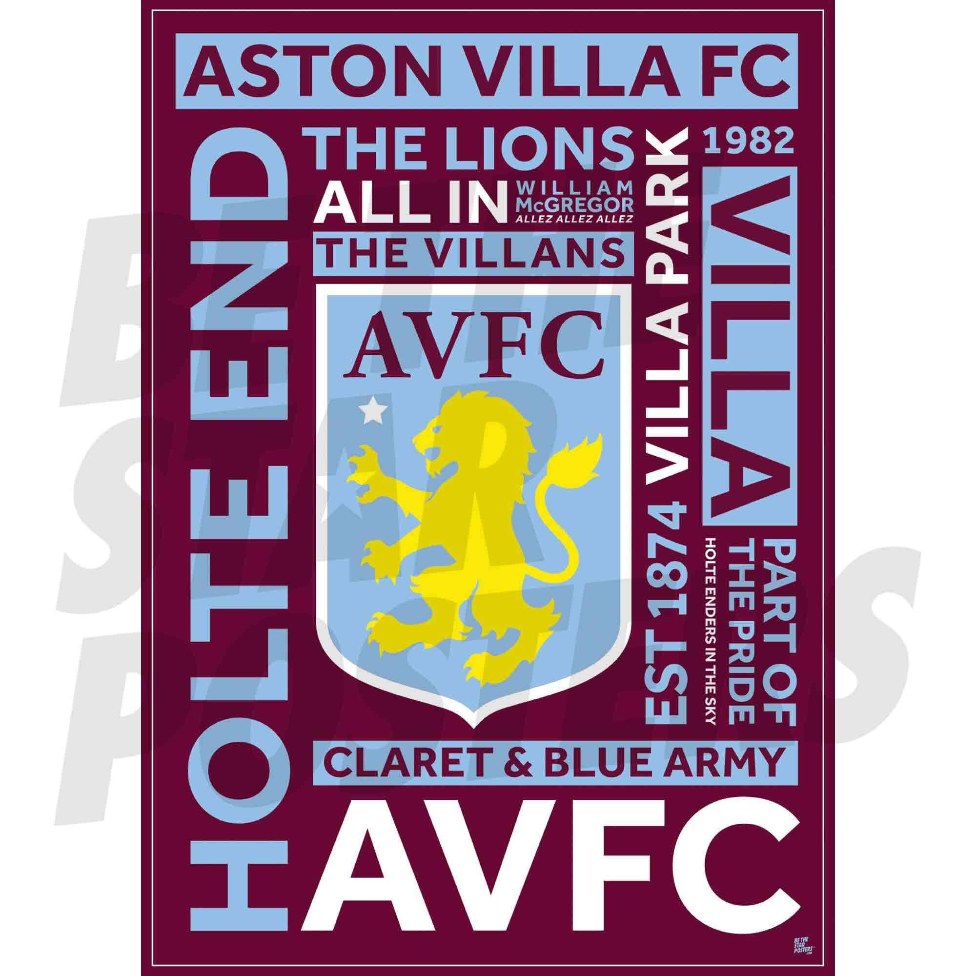 Aston Villa FC Old Crest Word Poster Unframed A3 - Official Aston Villa Poster - Perfect Aston Villa Gifts for Boys & girls - Football Wall Art - Premier League Posters & Aston Villa Gift Idea