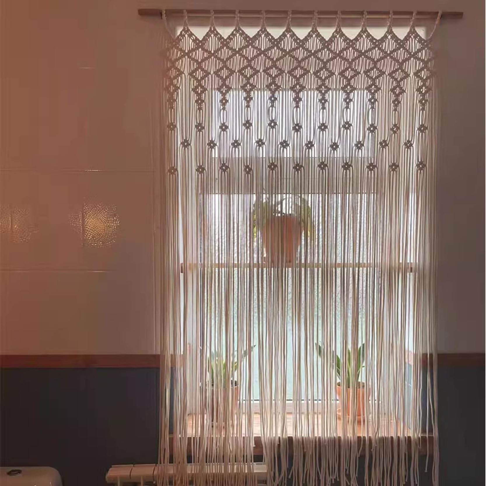 Giveduno Tapisserie bohème, Rideau en macramé beige, plusieurs tailles, corde en coton tissée à la main, style Boho, occultant for porte(190L x 90W cm)