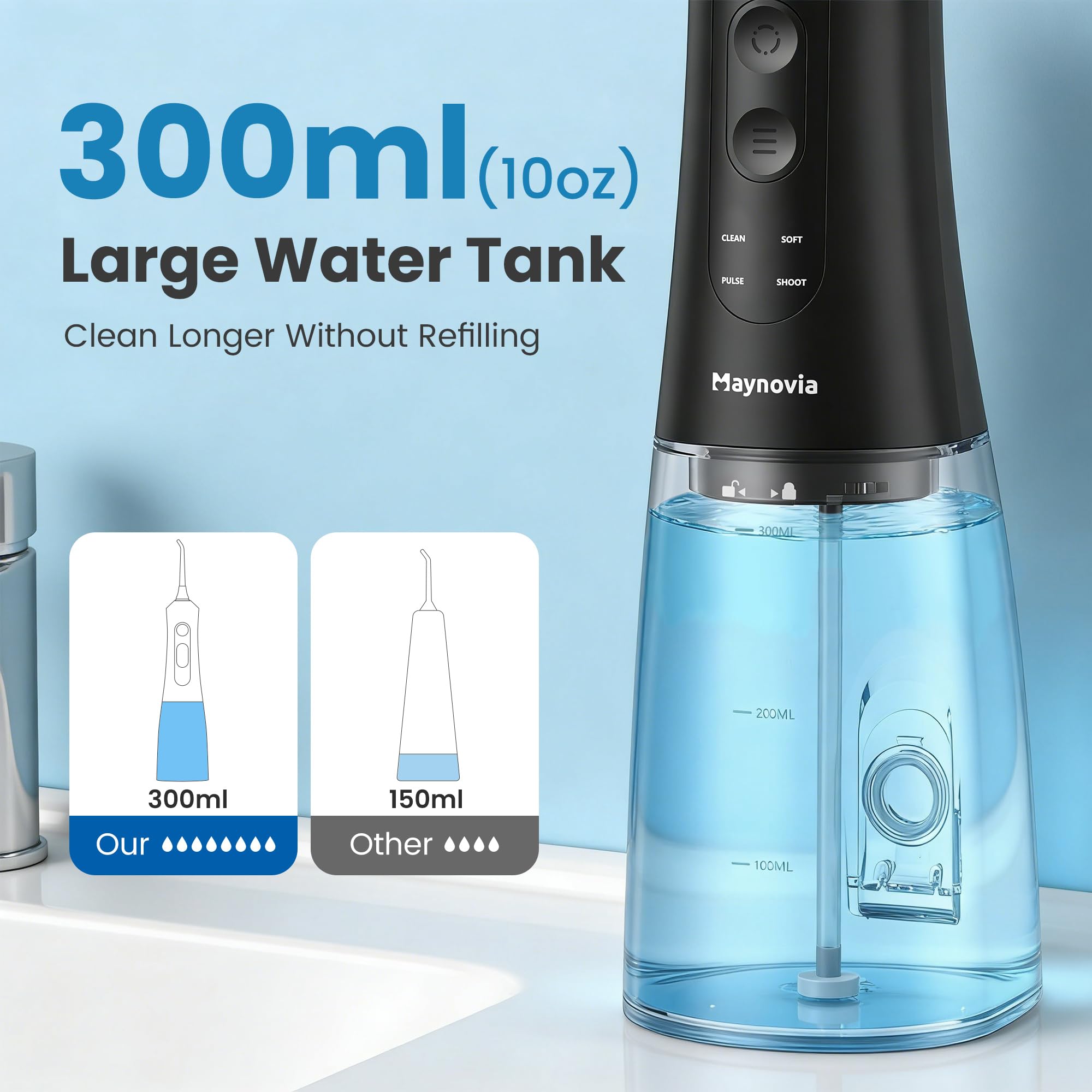 F5049 Tragbare Munddusche, 300 ml, IPX7 | 4 Reinigungsmodi, 12 Druckstufen, 5 Düsenaufsätze, U-förmige Düse, Kabellos & Wiederaufladbar