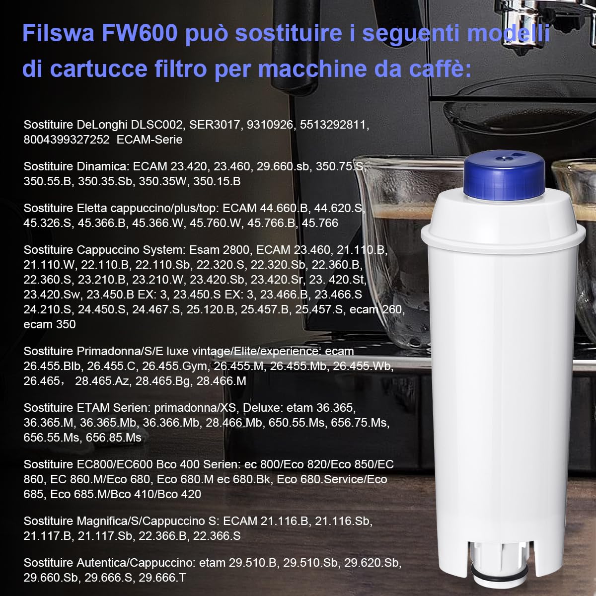 Filtro Acqua Addolcitore Compatibile con Macchine da Caffè Delonghi ECAM, Dinamica, Magnifica S, Rivelia, ETAM, Autentica, Esam, DLSC002, Filtro per Macchina Caffè Delonghi