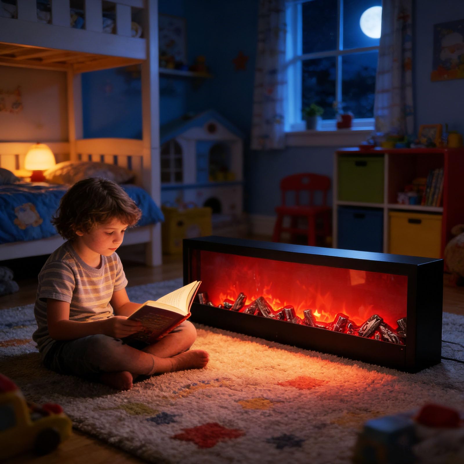 Lampa LED z symulowanym płomieniem, zasilana baterią, bezpłomieniowa lampa bezpłomieniowa, wolnostojąca, bez funkcji ogrzewania, prostokątna, czarna lampka nocna do pokoju dziecięcego