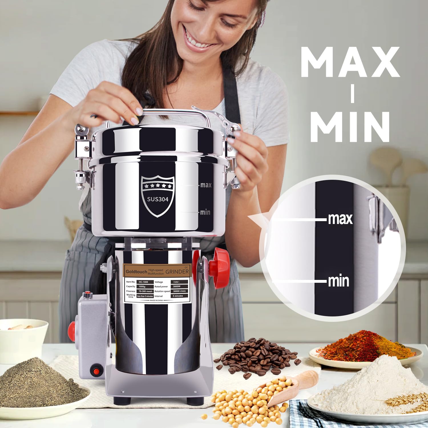 Goldtouch GetreidemüHle Elektrische 1000g 3000W Electric Grain Mill 30000U/min 304 Edelstahl Kommerzieller Motor mit Überlastschutz,70-300 Mesh Mehlmühle,Kornmühle für Reis,Sonnenblumenkerne,Zimt,Mais