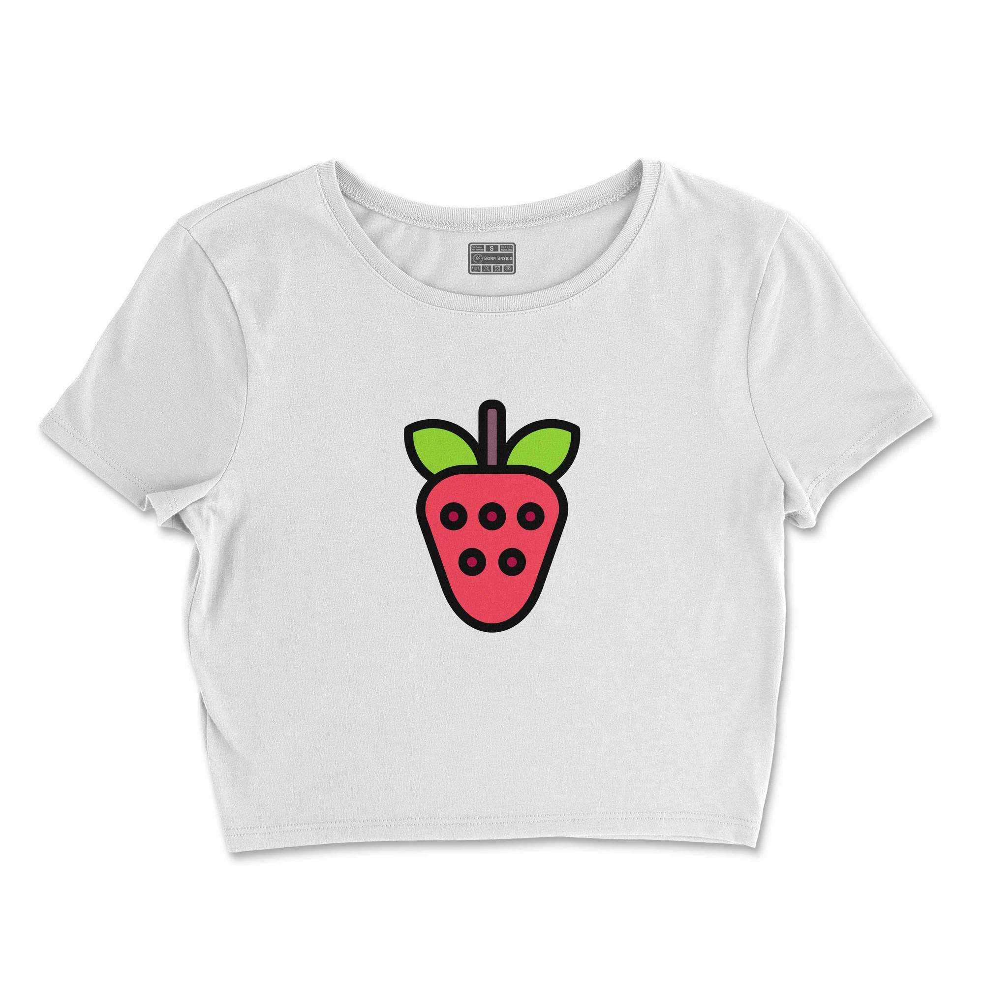 Bona Basics, Digitally Printed, Women's Basic Crop-Top,%100 Cotton, White, Casual, Women's Tops, Size: S