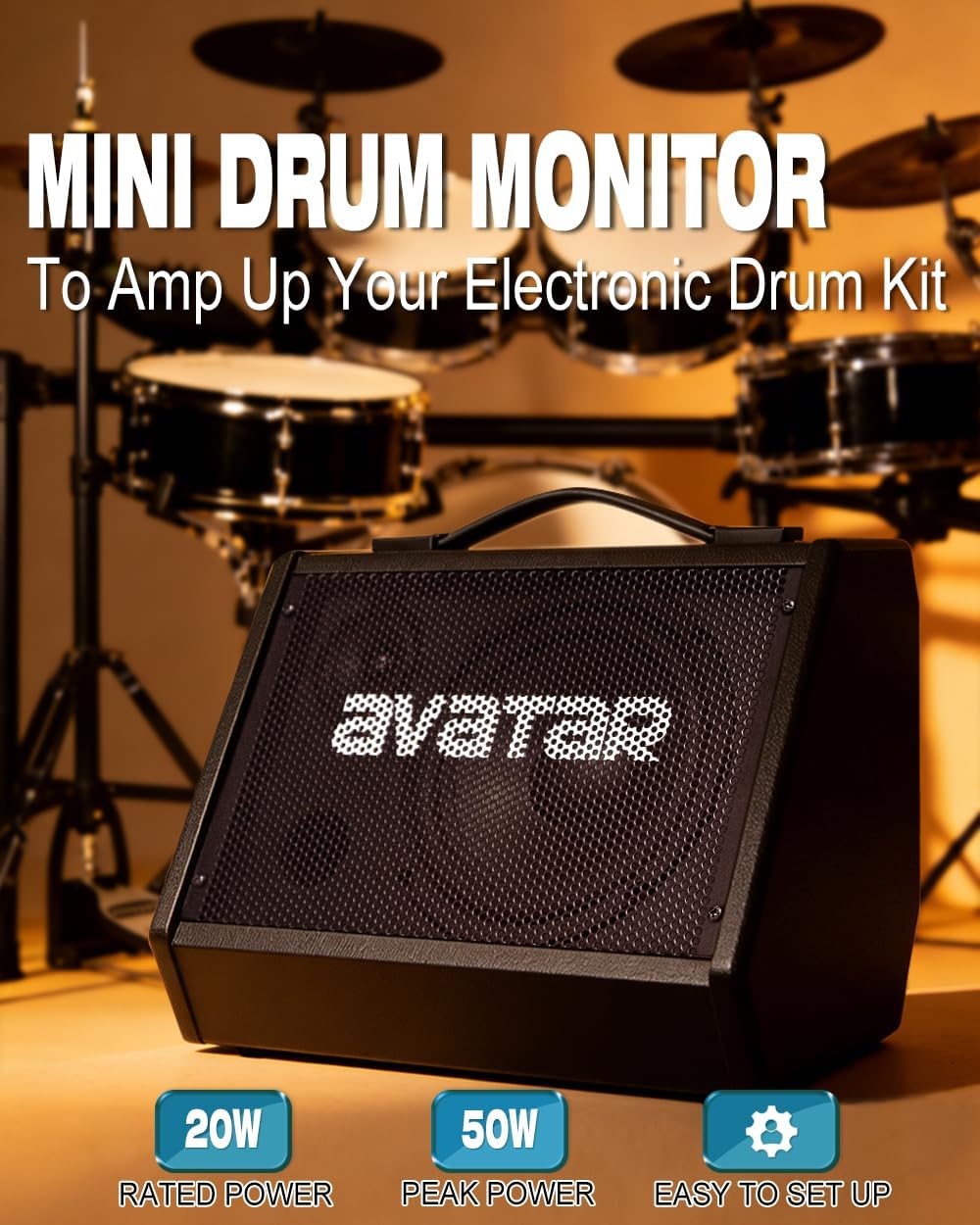 Avatar Electric Drum Amp 20W, Peak Power 50W Ampplifier Monitor Speaker for Electronic Drum Set Home Practice and Lessons, with 3-Band EQ, Bluetooth 5.3, Cable Included