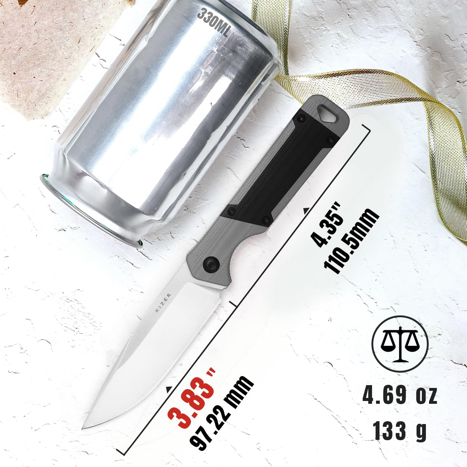 Kizer Militaw Fixed Blade Knife with Sheath, D2 Steel Blade, G10 Handle, EDC for Men & Women, Outdoor, Hunting, Hiking, Survival, 1067M1