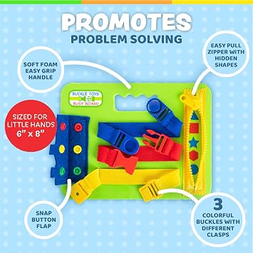 Buckle Toys, Mini Busy Board, Green, Montessori Learning Toy for Toddlers | Great for kids as an Airplane Activity or on The Go, Foam Sensory Board, Develop Fine Motor Skills