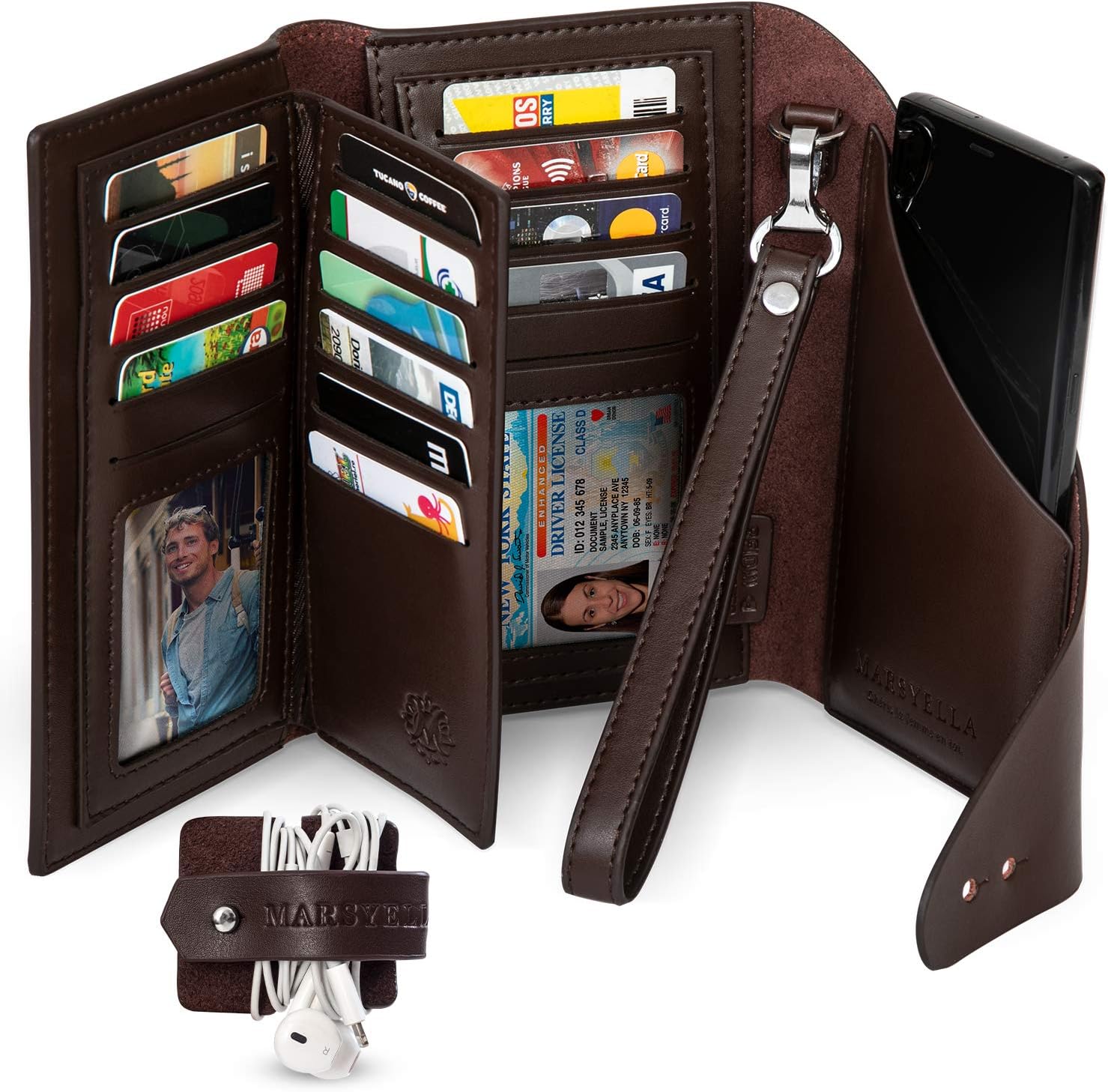All-in-One RFID Wallet for Women with Wrist Strap - Credit Card & Passport Holder for Women - Large Brown Wristlet Wallet with Universal Phone Holder included