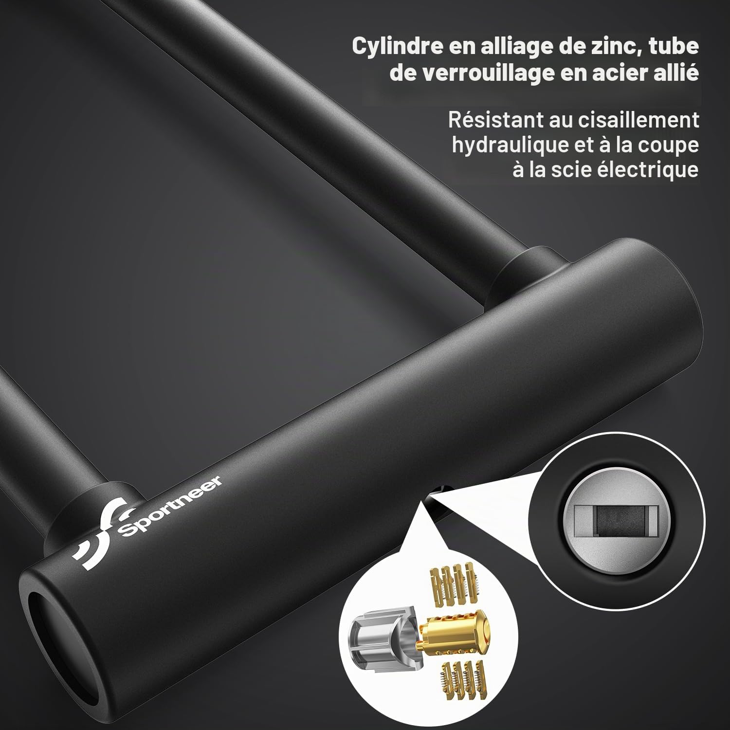 Sportneer Antivol pour vélo, cadenas en U de 18 mm avec support réglable, clés antivol sécurisées pour vélos, vélos électriques, motos, scooters, 25 x 16 cm