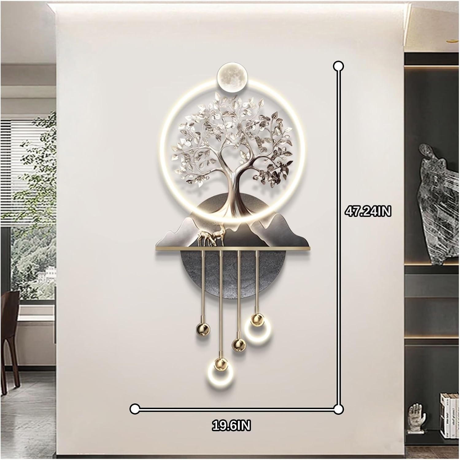 3D Wall Art Decor with LED Lights, Metal Creative Wall Art Decoration with Warm Lights, Large Family Hanging Sculpture Painting China for Living Room, Bedroom, Entrance(V,19.68x47.24in)