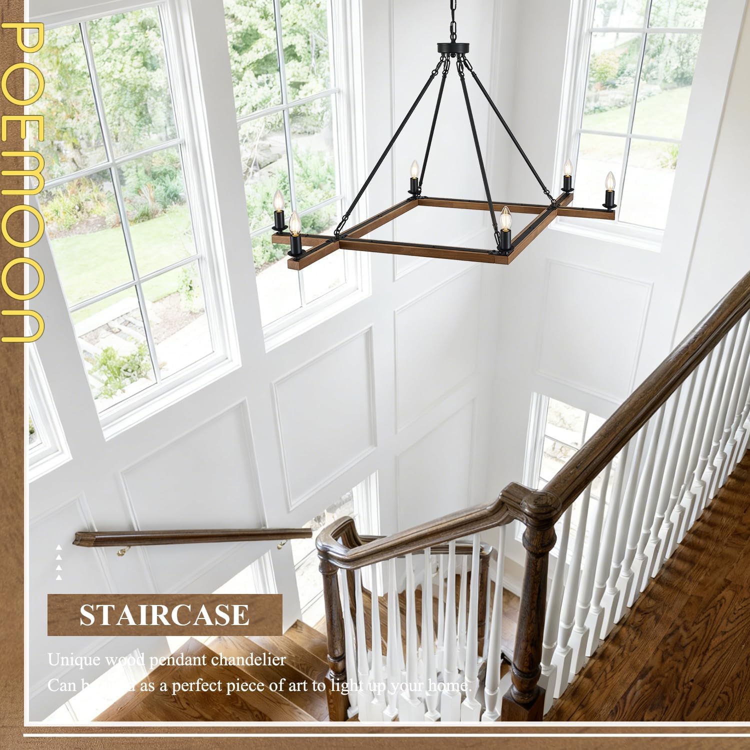 L45'' Rustic Oak Square Wood Chandeliers Farmhouse 6-Light Rectangular Candle Chandelier Unique Long Ceiling Pendant Light for High Ceiling Living Dining Room Foyer Kitchen Island,E12
