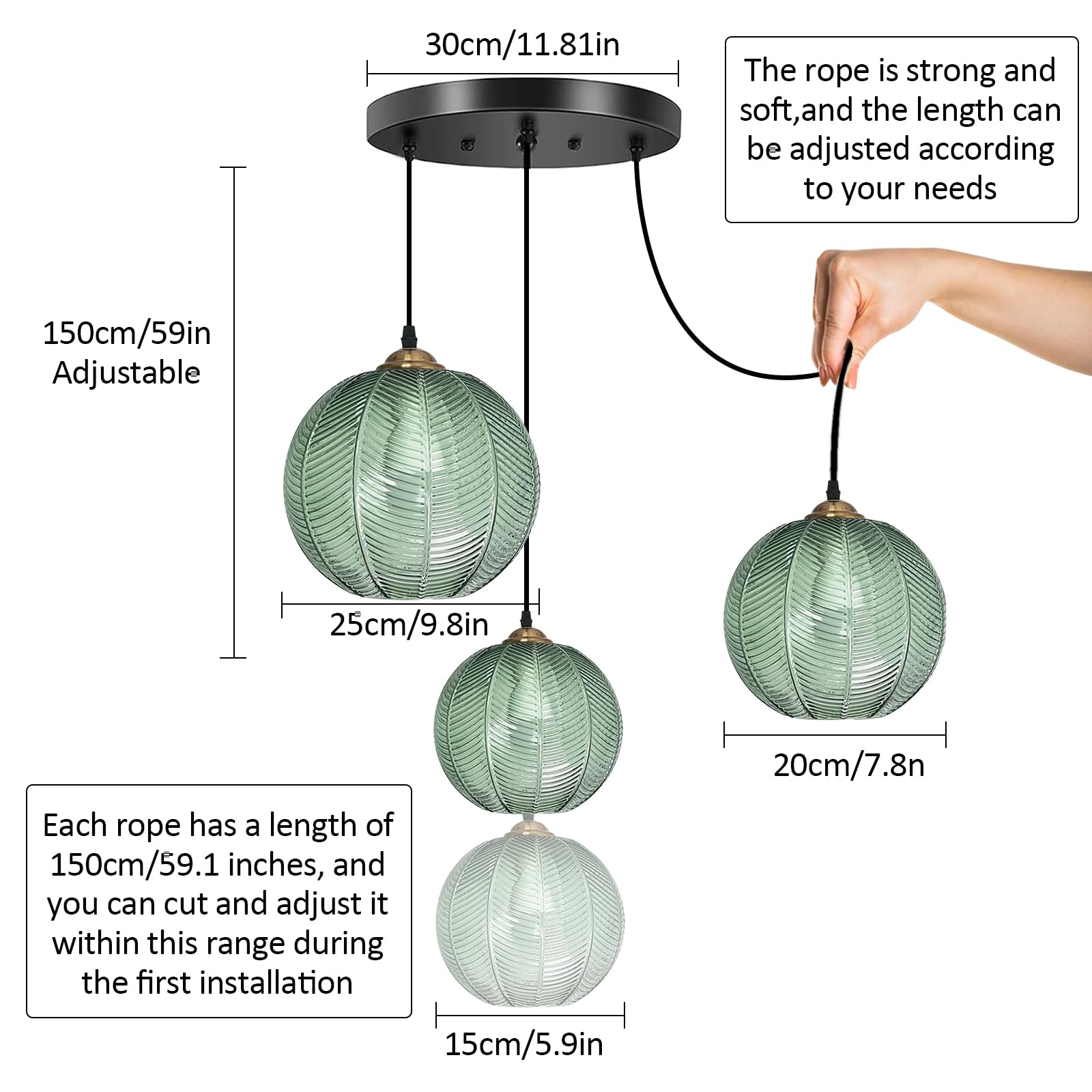 Lampada a Sospensione, Moderna lampadario Lampada a soffitto Industriale a Sospensione con Paralume in Vetro Verde per la Colazione Bar Angolo Cucina Isola Sala da Pranzo Soggiorno (3Light)