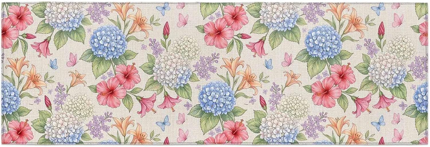 Teamery Kitchen Mats for Floor Pastoral Flower Butterfly Retro Linen Washable Non Slip Kitchen Rugs 1PCS, Rustic Floral Plant Absorbent Standing Mats for Sink Bathroom Office Living Room 23.6x70.9in