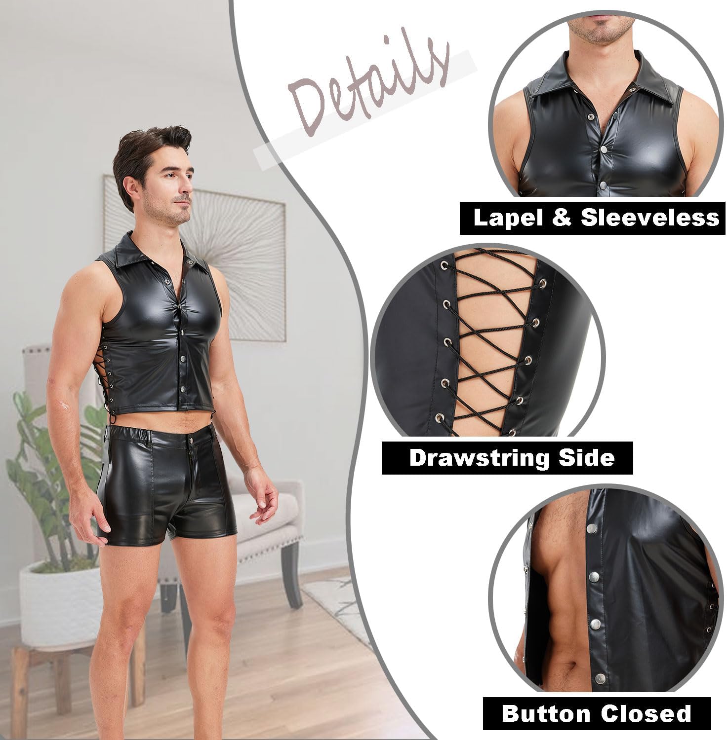 Men's Faux Leather Vest Tank Top Shirt Sleeveless Shirt Wet Look Undershirt Round Neck Shirt Nightwear - Image 5
