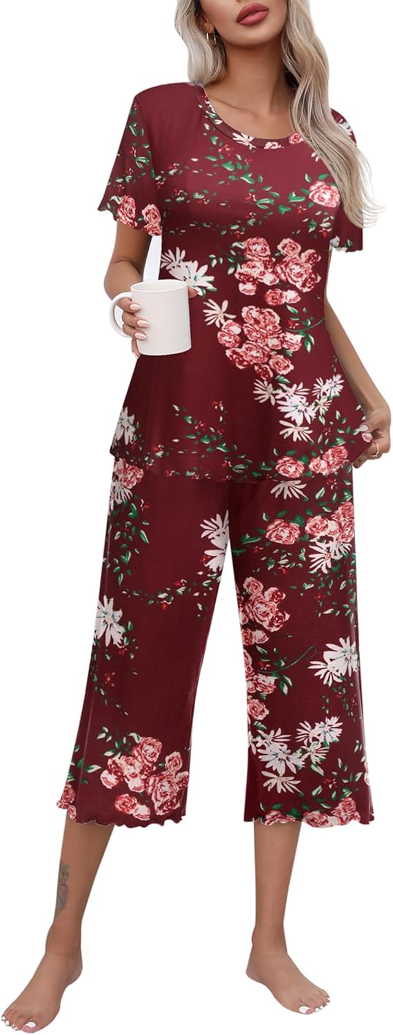 Ekouaer Women's Pajamas Set Short Sleeve Top With Capri Pants Pjs Lounge & Sleepwear Set S-XXL - Image 3