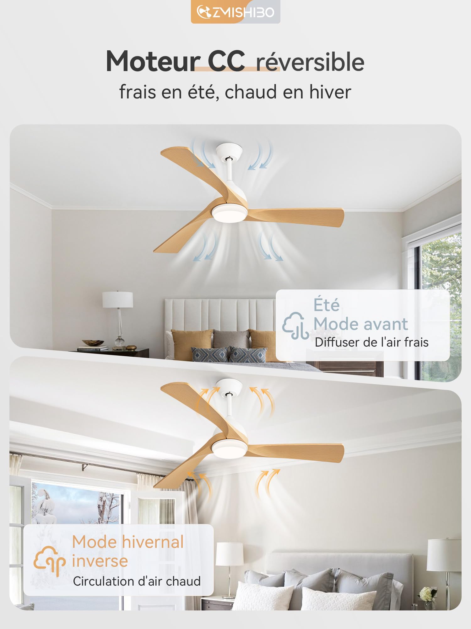 ZMISHIBO Ventilateur de Plafond avec Lumière et Télécommande, Ø132 cm, Moteur DC Silencieux, 6 Vitesses, 3 Températures de Couleur LED (3000K/4000K/6000K), Modes Été/Hiver, Minuterie 1/4/8h ABS