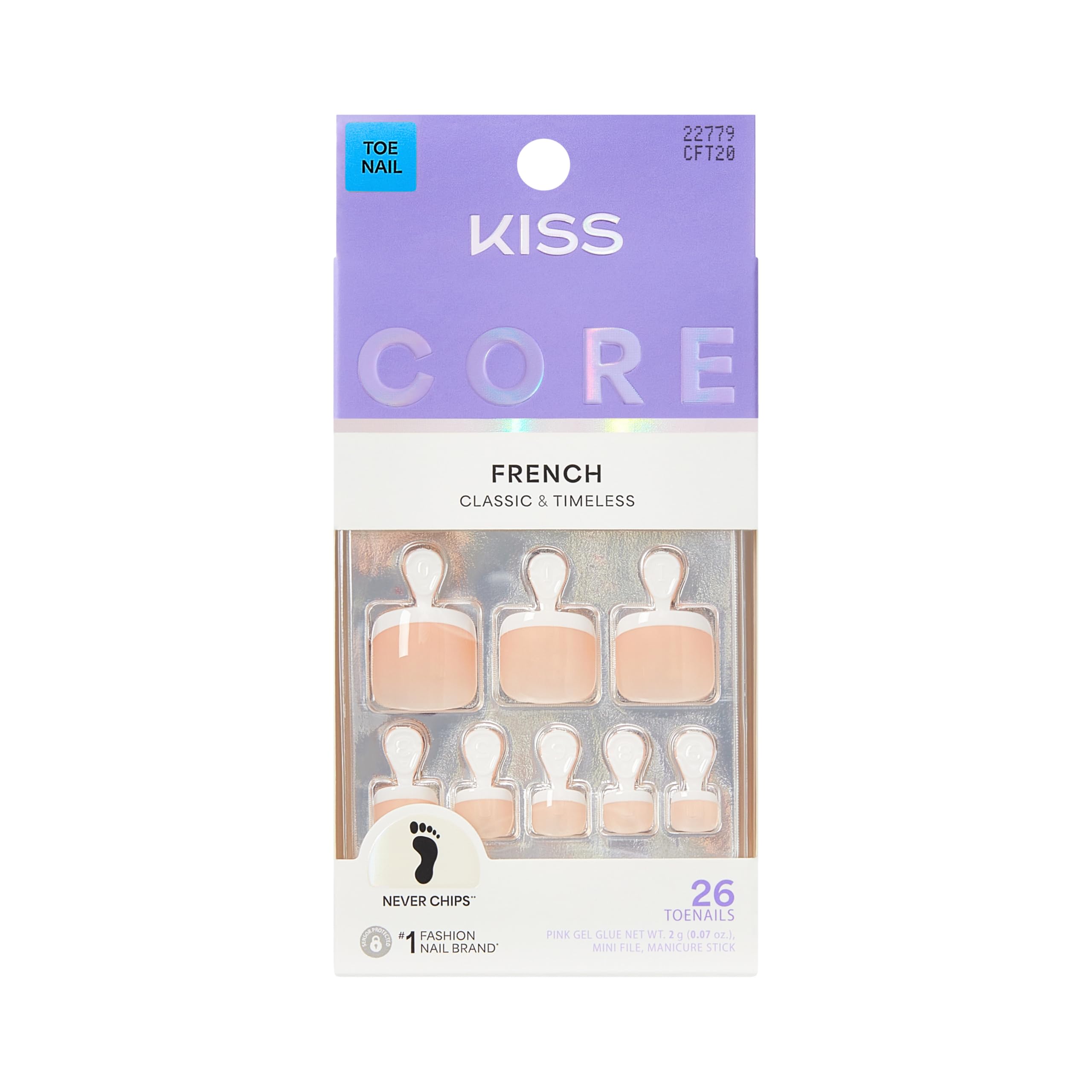 KISS CORE Press On Toenails, Nail Glue Included, ‘Two of a Kind’, White, Short Size, Includes 26 Nails, 2g Glue, 1 Manicure Stick, 1 Mini File