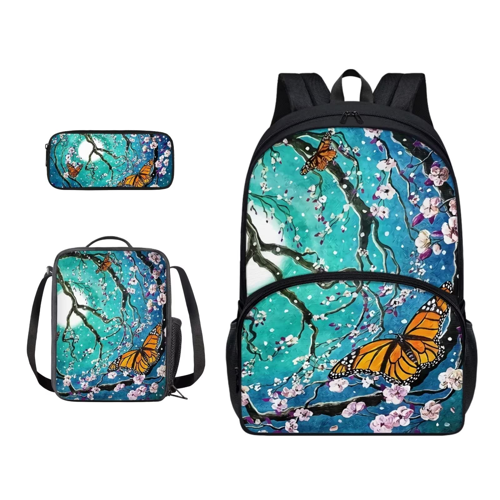 Poceacles Schultasche und Lunchbox-Set für Teenager, Jungen, Grundschule, Büchertasche, Federmäppchen für Grundschulkinder, Kirschblüten Schmetterling, Einheitsgröße
