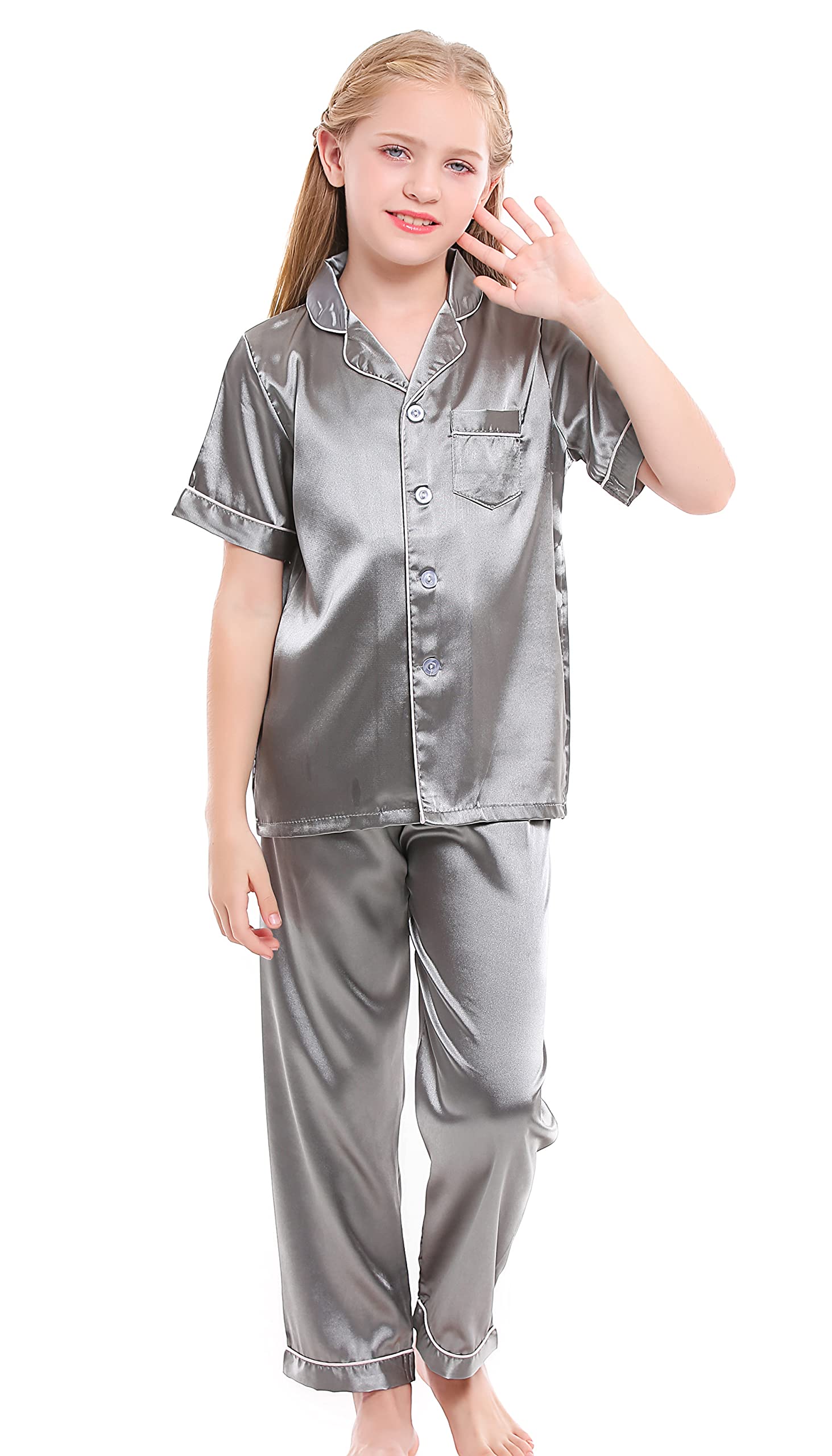 HorcuteKids Satin Short-Top and Long-Pants 2-Pieces Pajamas Sleepwears Set