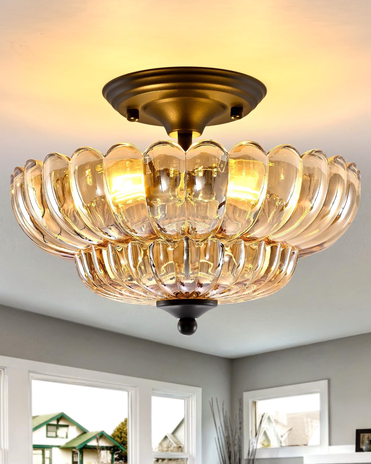 Black Semi Flush Mount Ceiling Light with Amber Glass Shades, 3-Light Modern Farmhouse Chandelier for Kitchen, Bathroom, Hallway, and Entryway