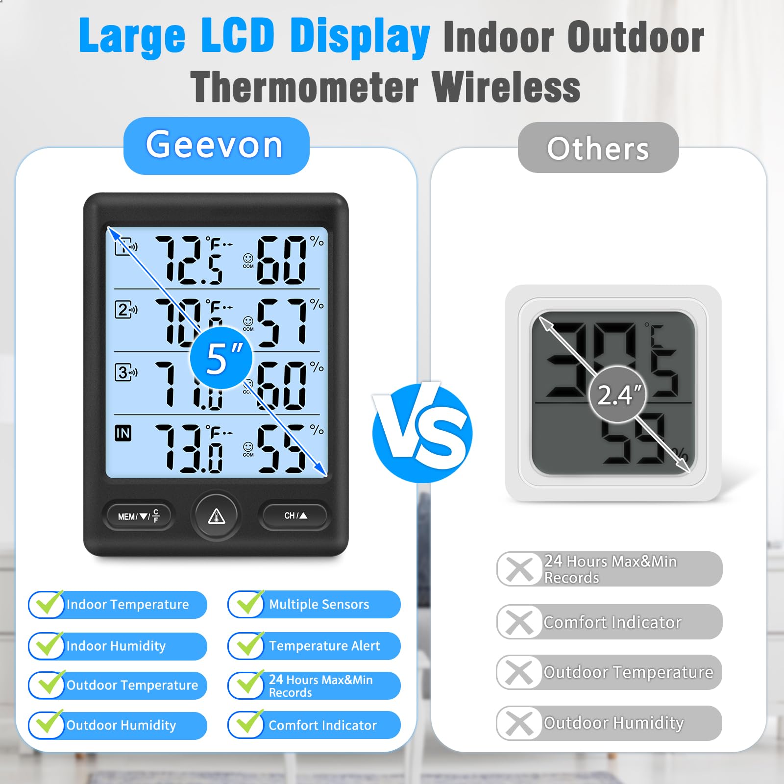 Geevon Thermomètre d'intérieur et d'extérieur sans fil avec 3 capteurs à distance, écran de 12,7 cm, thermomètre hygromètre numérique, moniteur de température et d'humidité avec rétroéclairage 8S