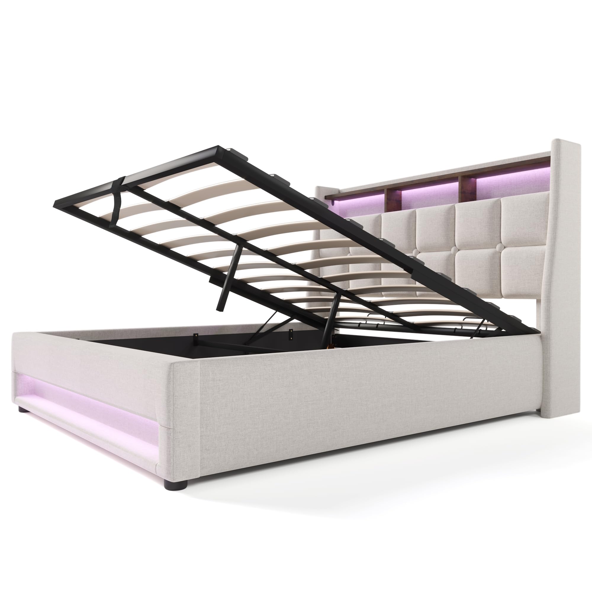 Polsterbett 140x200 cm, Doppelbett mit Stauraum und Lattenrost, LED Kopfteil mit USB Ladefunktion, Stauraumbett Funktionsbetten Rückenlehne Bettgestell, Leinen (Beige, 140x200cm)