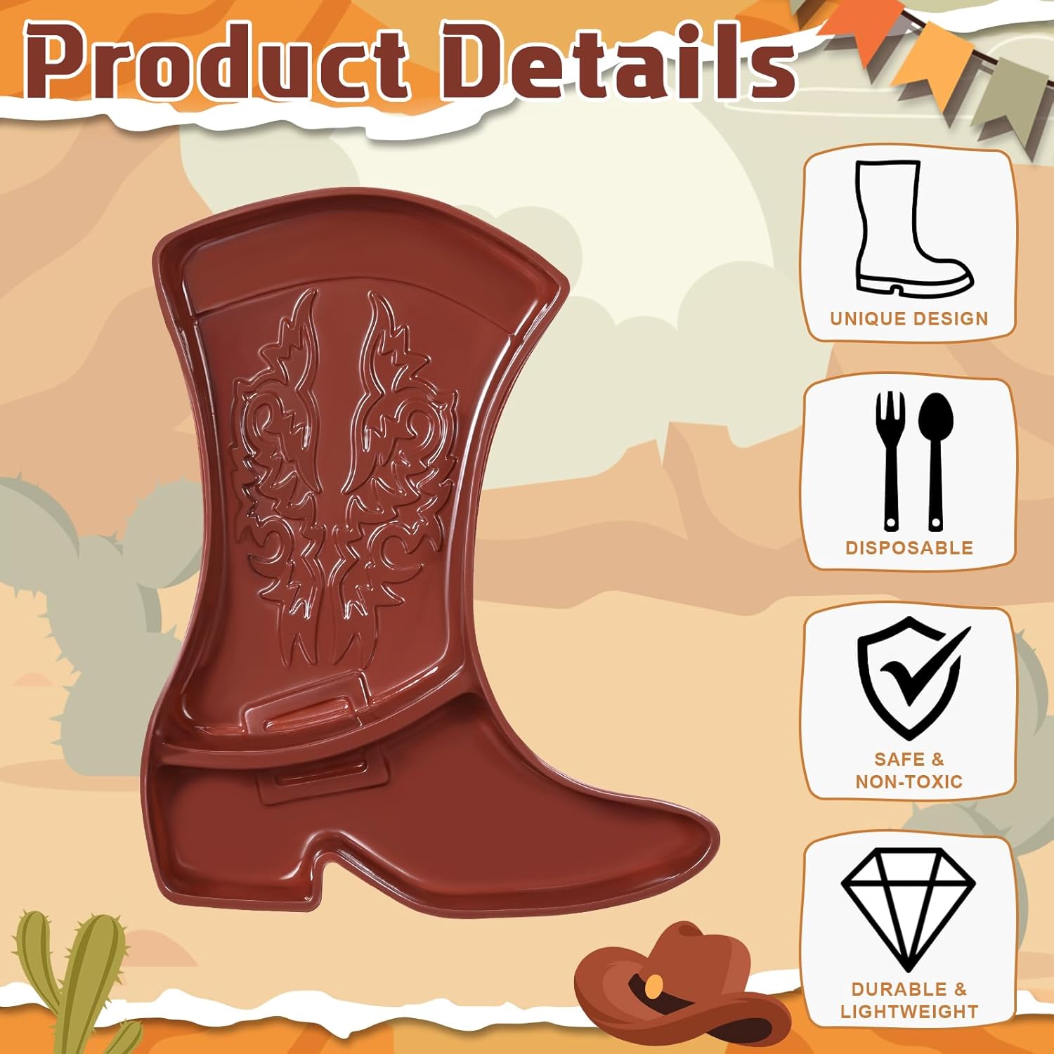 Uiifan 24 Pcs Cowboy Boot Party Serving Trays, Disposable Plastic Compartment Plates Boot Shaped Plates Western Theme Party Decorations Tableware for Cowboy Cowgirl Birthday Supplies (Brown)