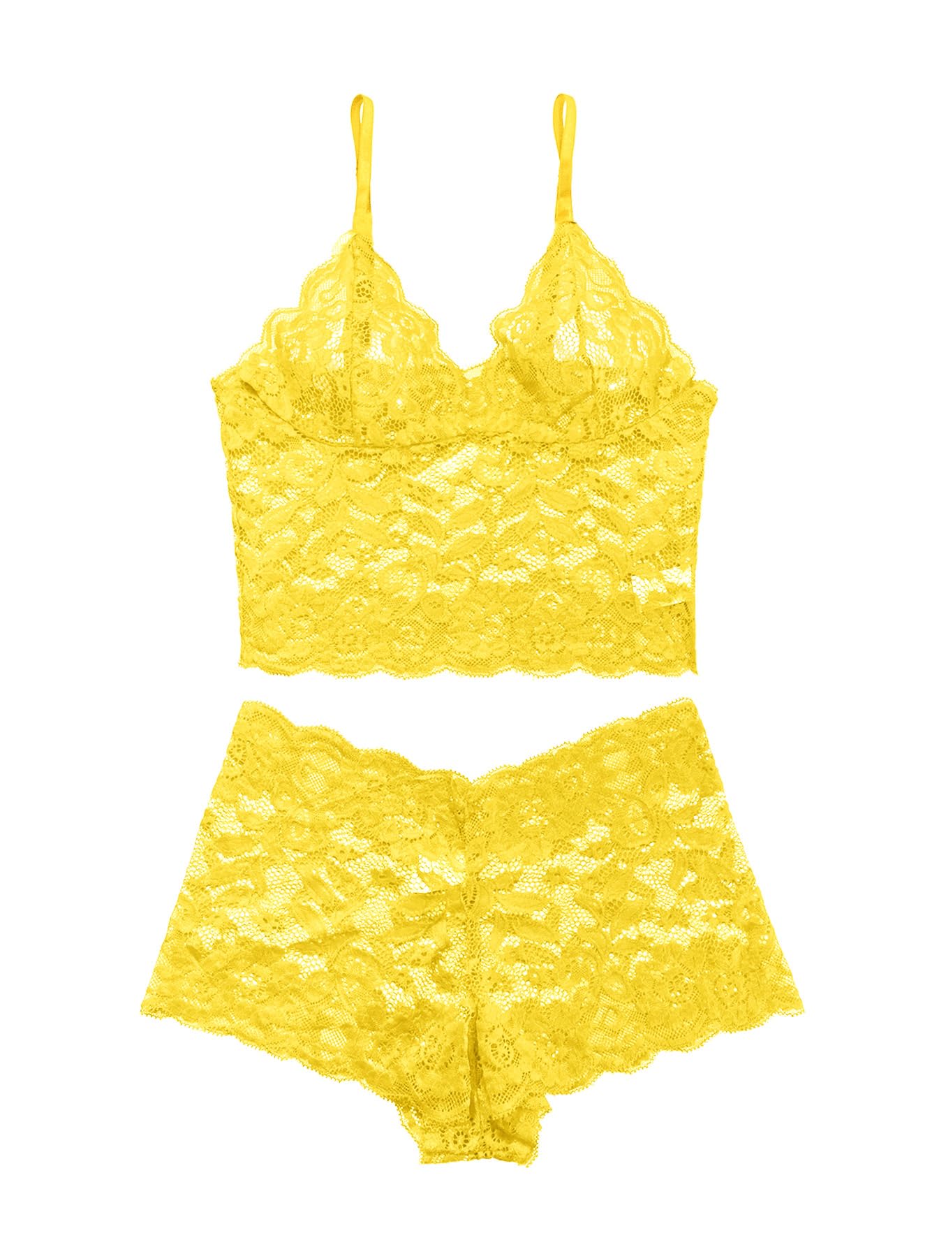 Lilosy Sexy Sheer Floral Lace Pajamas Lingerie Set High Waist Sleepwear Bra and Panty 2 Piece Nightwear: Small Yellow