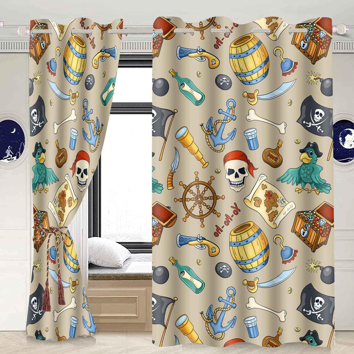 Pirate Treasure Hunt Theme Curtains for Kids Boys Bedroom Vintage Style Mysterious Pirate Captain Blackout Curtain Brown Nautical Printed Drapes for Living Room Guest Room 2 Panels 42x84inch
