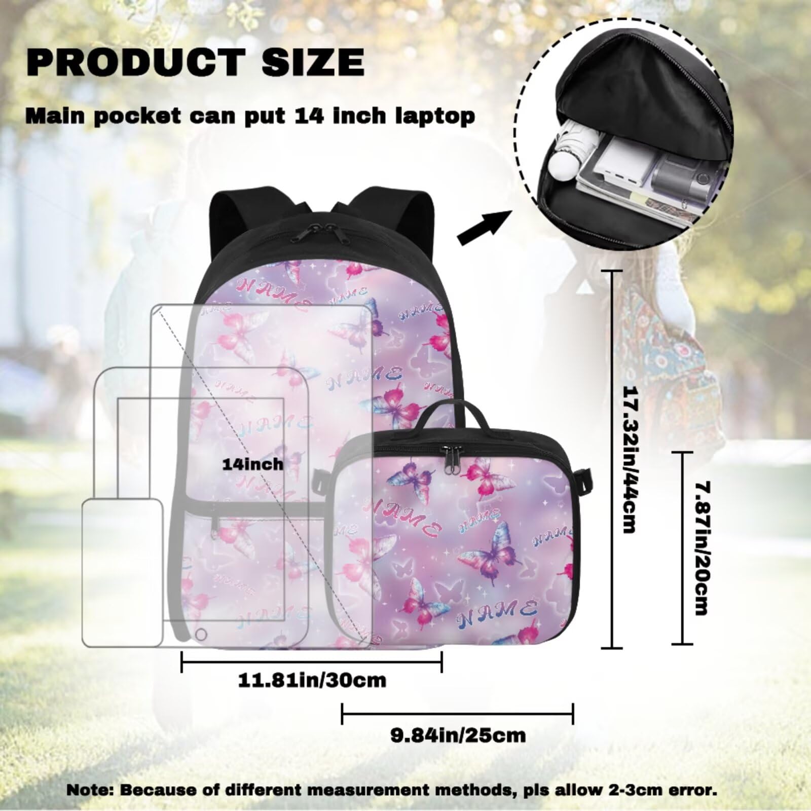 Mochila personalizada para niños con nombre, bolsa de libros y fiambrera para niñas de 8 a 10 mochilas personalizadas, Nombre Mariposa, M, Casual