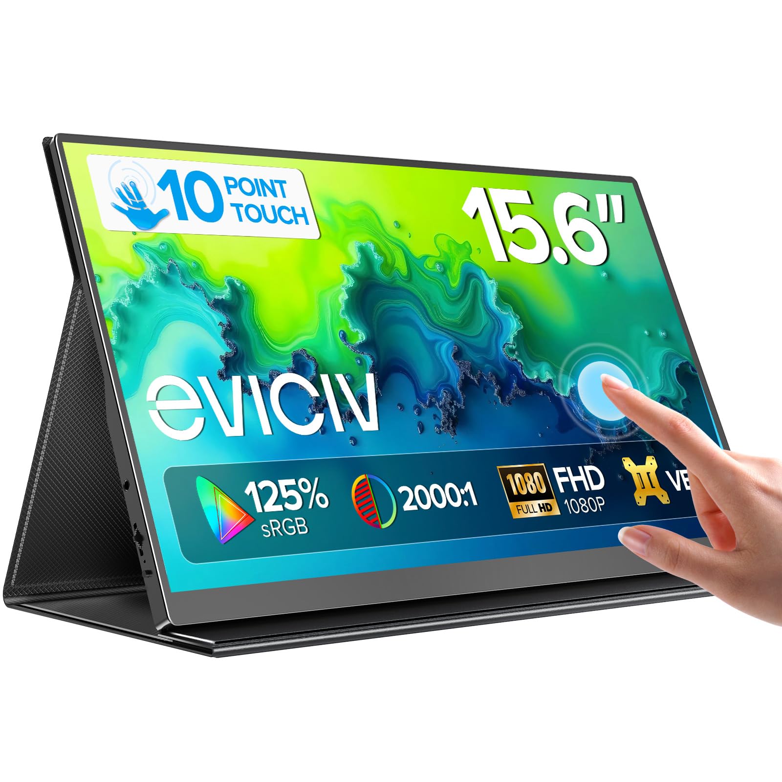 EVICIV Monitor Portatil Táctil 15,6 Pulgadas 125% sRGB 1080P 2000:1 Mate | FHD USB C Display Móvil Externa con HDMI/USB-C para Laptop/PC/Teléfono/Game Console, Soporte VESA Etiqueta Energética