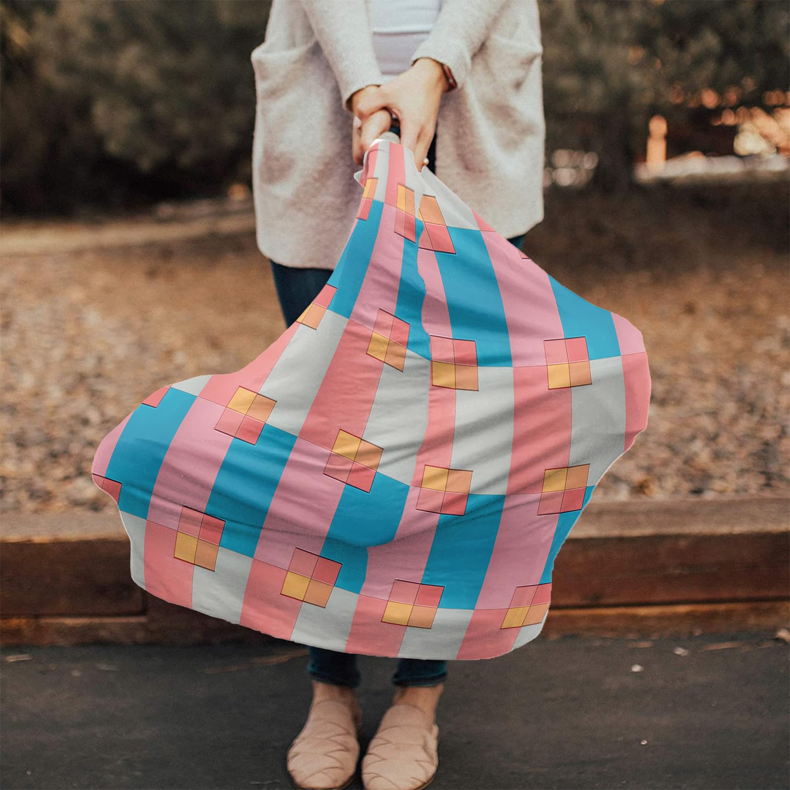 Nursing Cover for Breastfeeding Scarf, Blue Pink Plaid Color Block Geometric Baby Car Covers Super Soft Multi Use for Canopy Shopping Cart Cover Blanket Stroller Cover