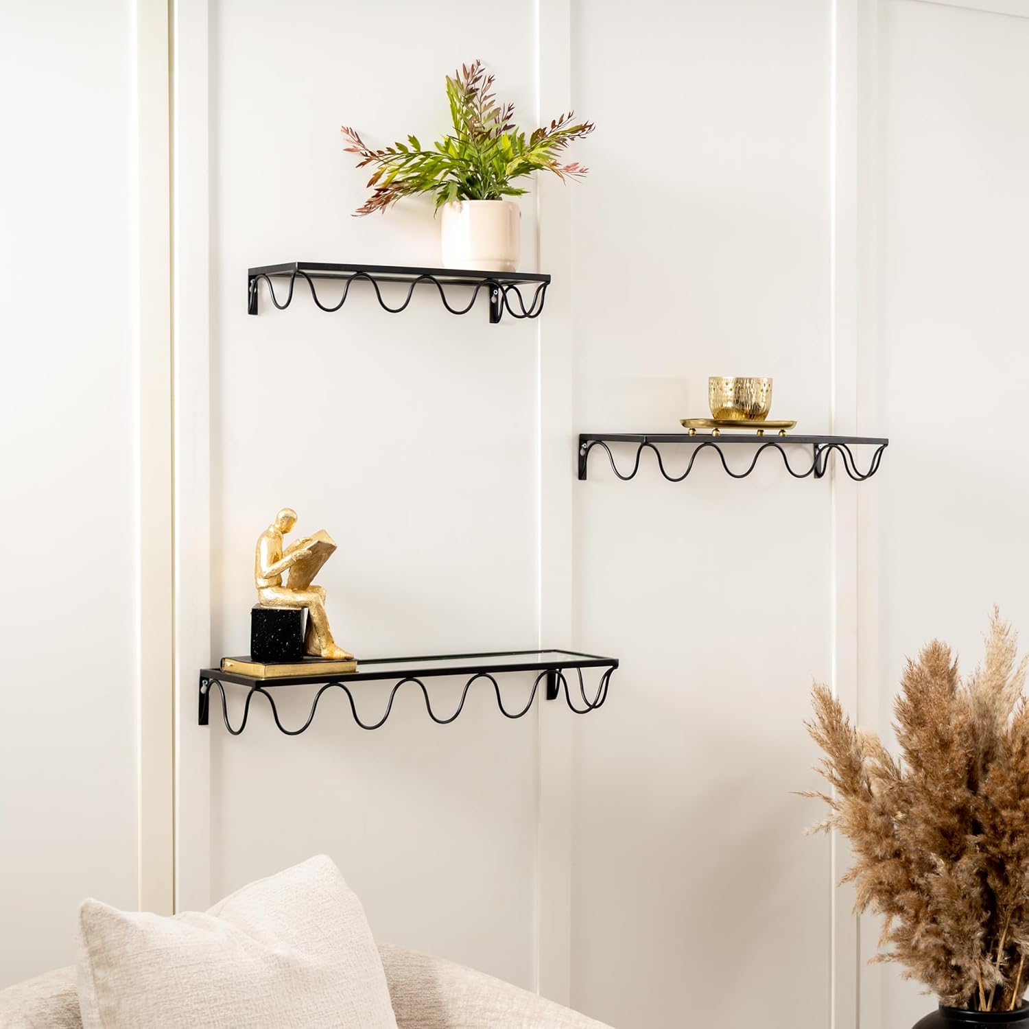Deco 79 Glass Room Wall Shelf Floating Shelf with Metal Frame, Set of 3 Display Shelf 24", 20", 17" W, Black