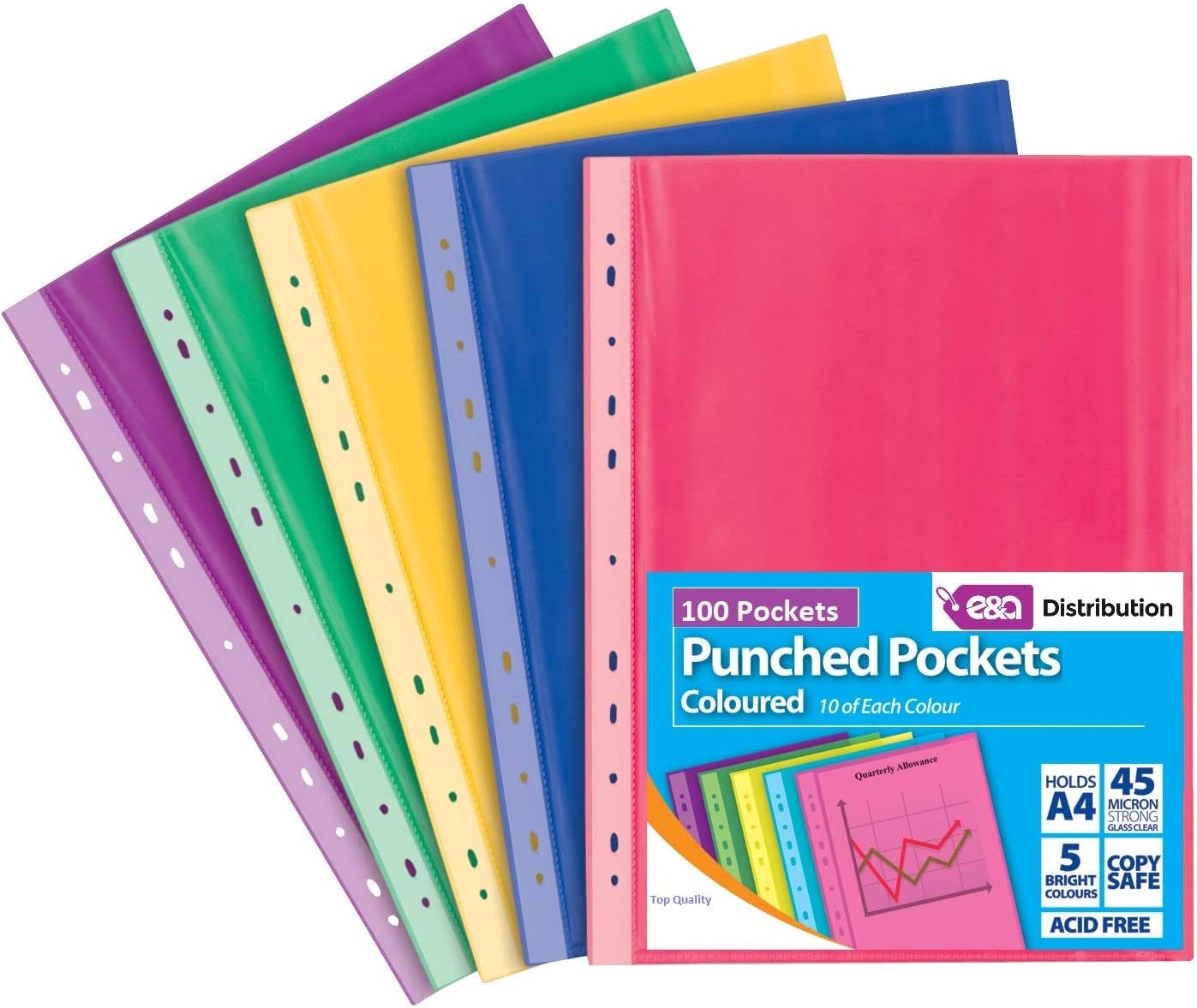 A4 100 Coloured Plastic Wallets Clear Strong Punched Ring Binder File