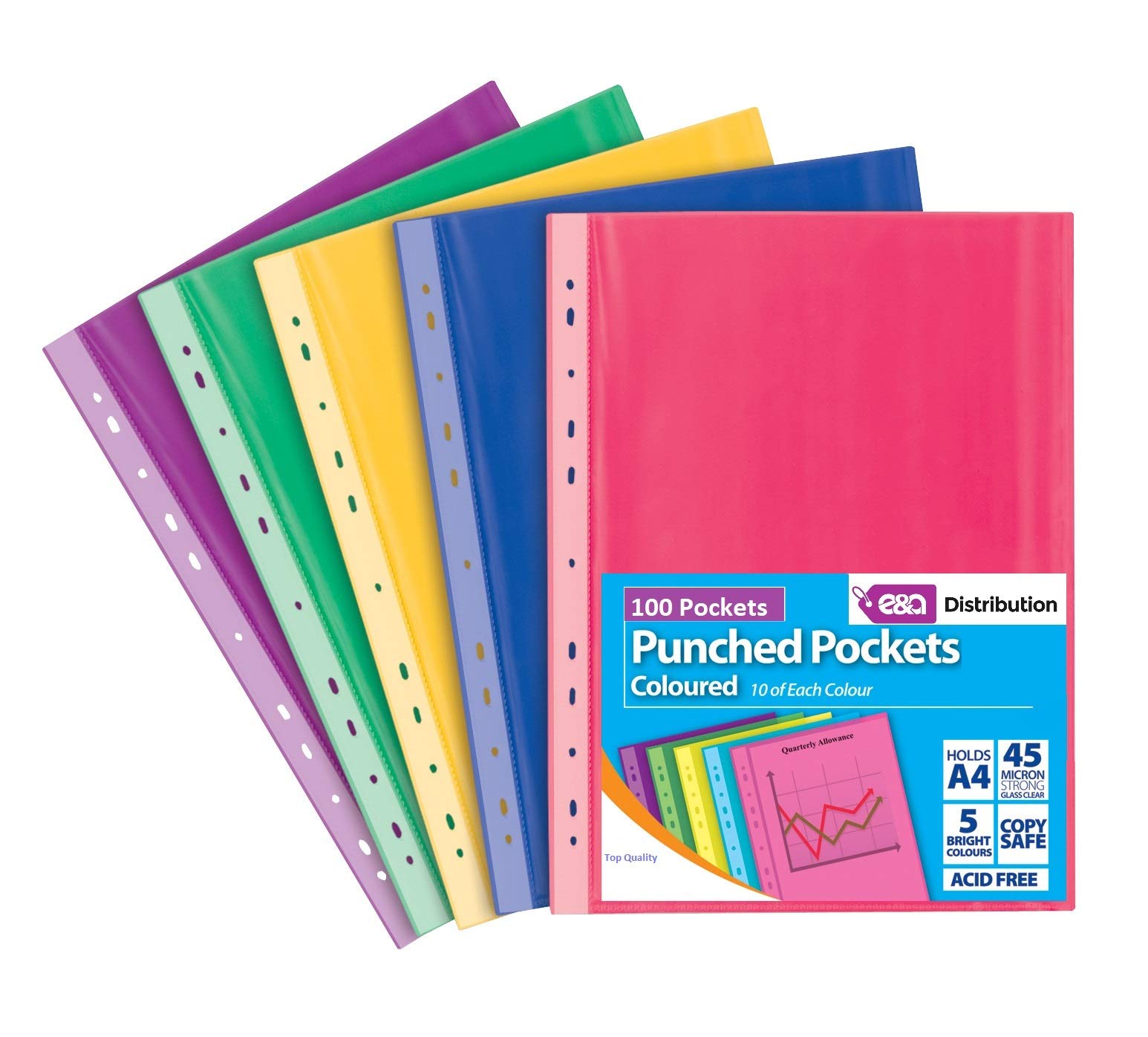 A4 100 Coloured Plastic Wallets Clear Strong Punched Ring Binder File Pockets by E&A Distribution Limited