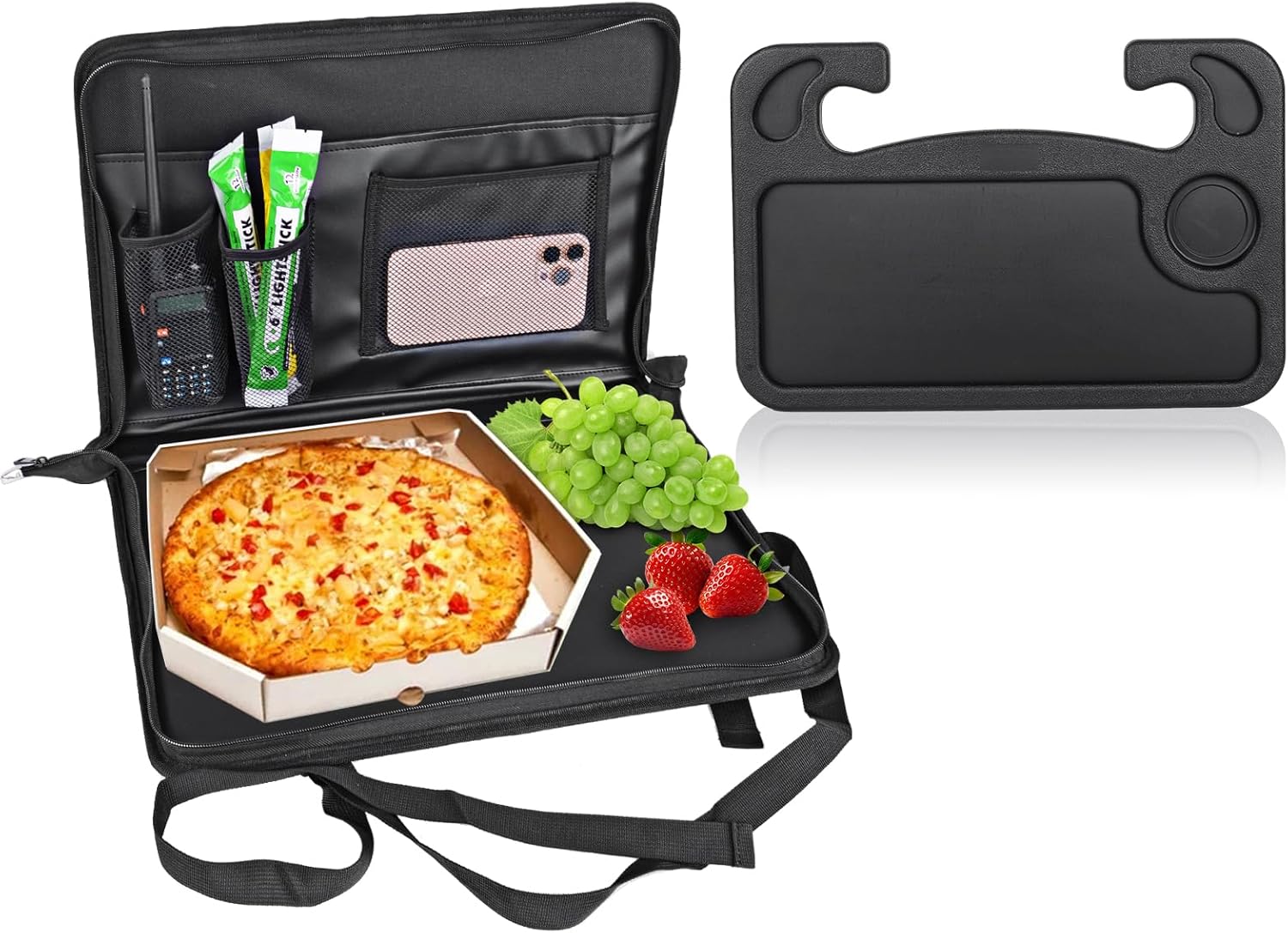 Universal Front Seat Organizer for Laptop,Pizza,Water Cup, Book,Passenger Seat Bag Compatible with Cars, Trucks, and Vans(with Steering Wheel Eating Tray)
