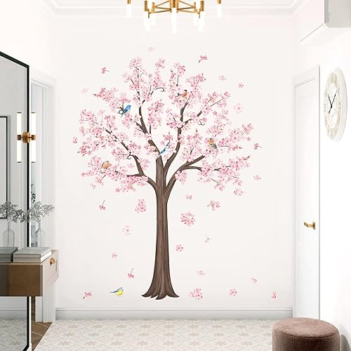 Miniatura 3 de decalmile Calcomanías de pared grandes con diseño de árbol de flores y pájaros, ramas, calcomanías de pared para sala de estar, dormitorio,