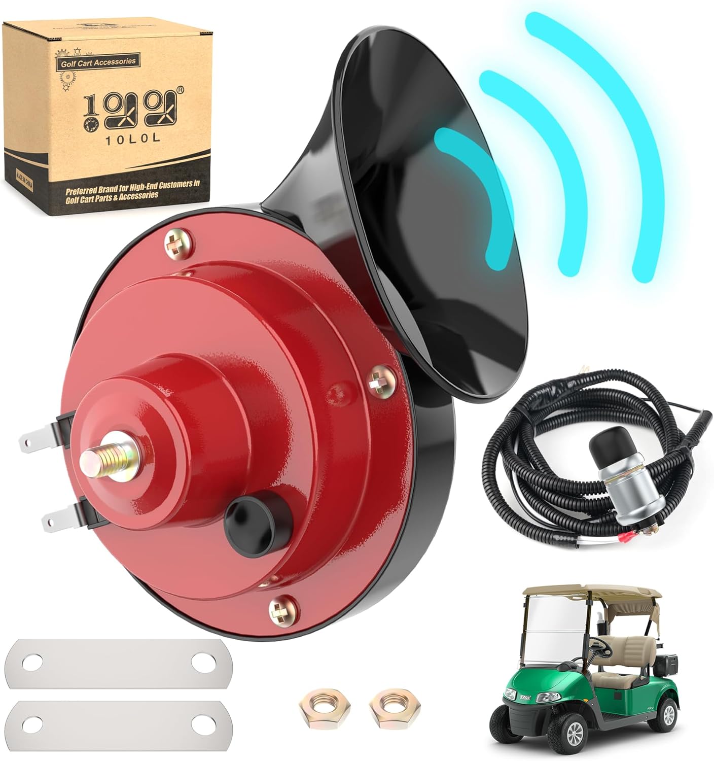 10L0L 12 Volt Golf Cart Horn Kit for Yamaha EZGO Club Car or UTV Boat, Floor Mount Button Switch, Universal Loud Horn Volume Up to 118db