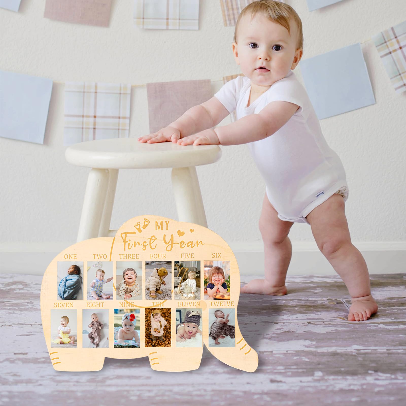 PEUTIER Cornice per Foto del Mio Primo Anno, In Legno Cornice per 12 Mesi Espositore Per Foto A Forma Di Elefante My First Year Photo Frame Regalo Per Ragazzi Ragazze Neonato Ricordi Della Mamma