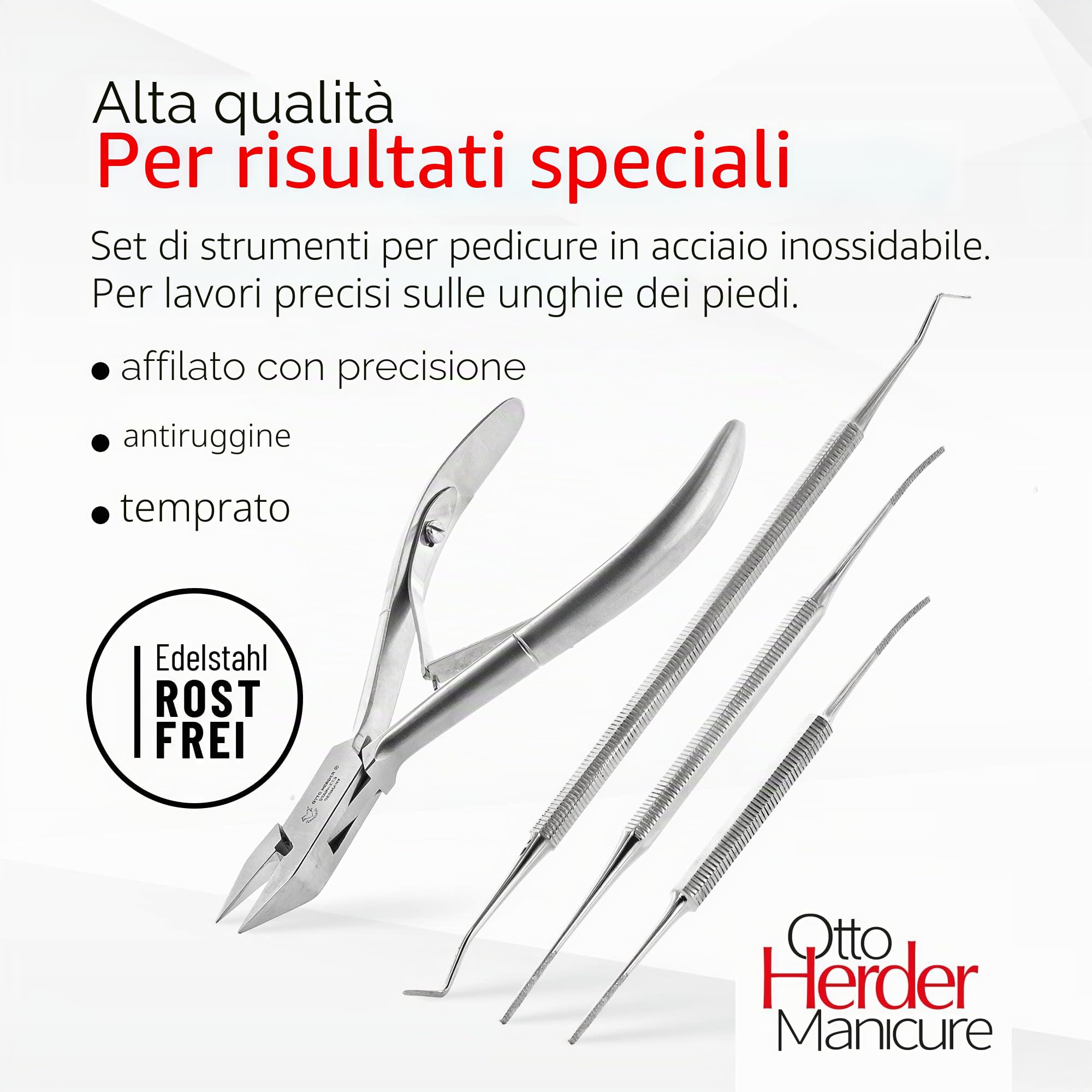 Otto Herder Manicure Set di pinze per unghie per pedicure, lime per angoli e levetta angolare, contro unghie incarnite, kit professionale per la cura delle unghie in acciaio inox
