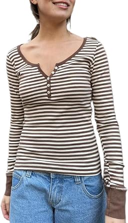 Women Striped Long Sleeve Grunge Shirt Y2k Off The Shoulder Top Vintage Fall Tops Tee Blouse Aesthetic Goth Clothes