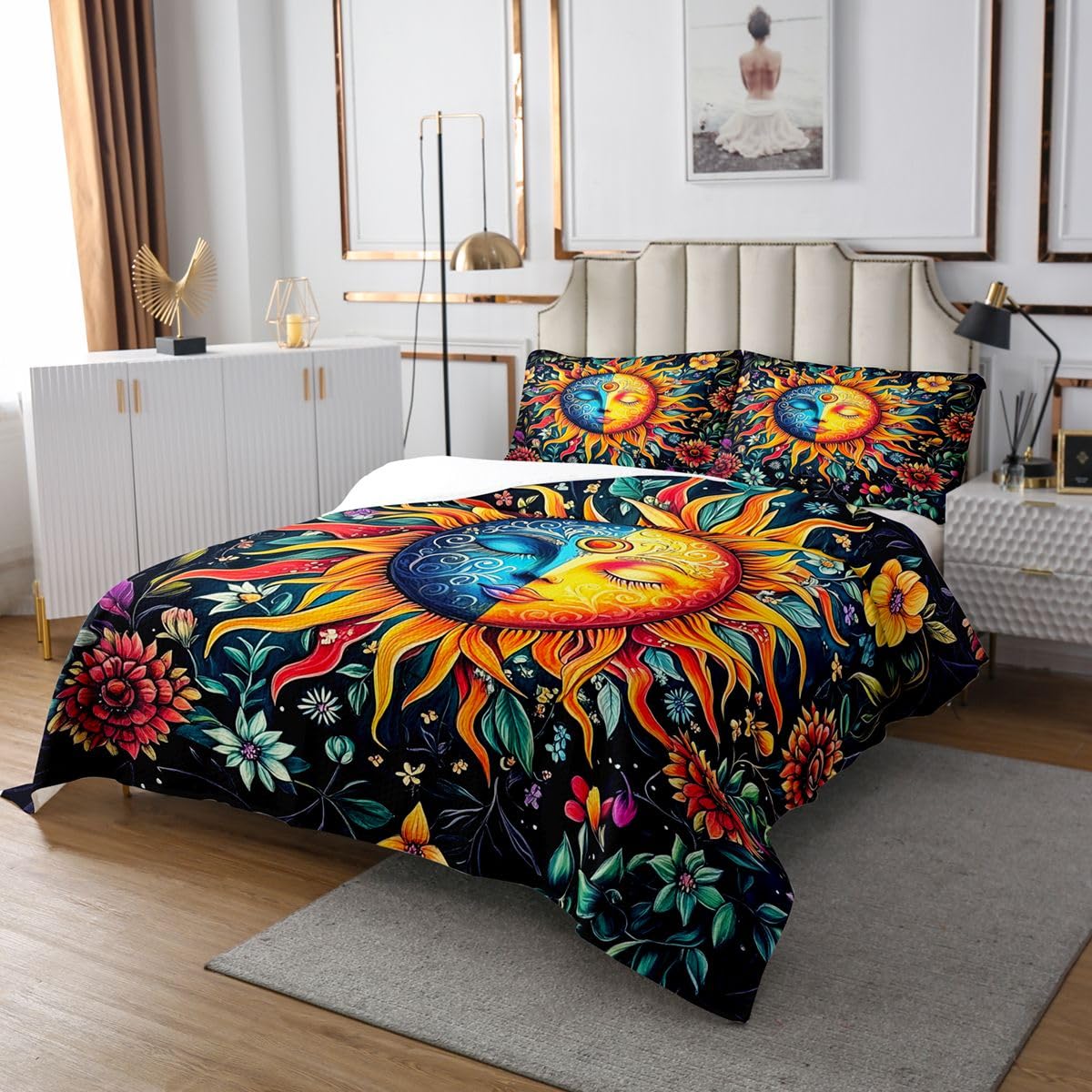 Homewish Juego de colcha de sol y luna, tamaño King, diseño bohemio, exótico, estampado floral, bohemio, para niños y niñas, diseño hippie de galaxia, astrología, ropa de cama acolchada