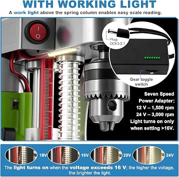 Mini Benchtop Drill Press with Work Light, Rear-Mounted 795 Motor Design