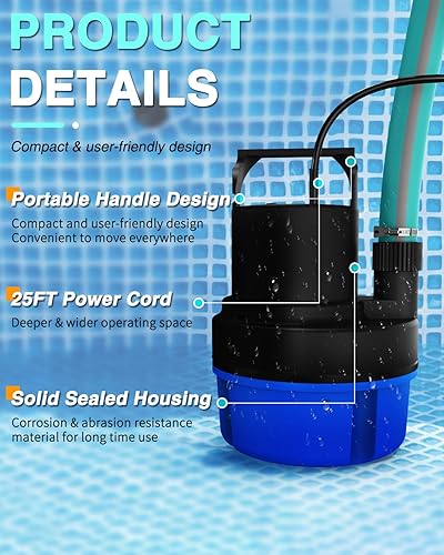 Miniatura 4 de Bomba de sumidero sumergible de 1 HP, bomba utilitaria de 3200 GPH, bombas de agua eléctricas de transferencia portátil con cable de 25 pies para