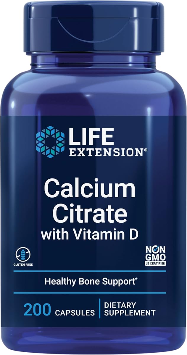 Life Extension Calcium Citrate with Vitamin D, Super-absorbable Calcium to Support Optimal Bone Health, Gluten-Free, Non-GMO, 200 Capsules