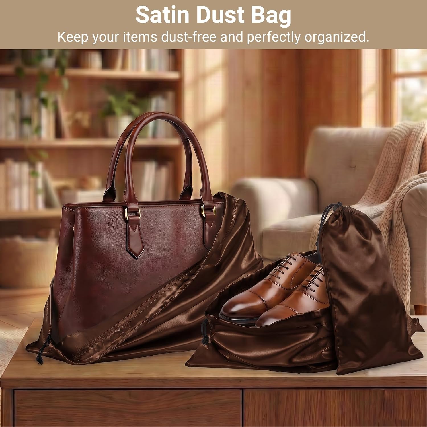 Q&J Fabric Co. 6 Pack Satin Dust Bag 15.7x19.7 inch Chocolate 100% Polyester Silk Bag Purse Dust Bag Shoe Bags for Closet Purse Protector Bag Dust Covers for Purses image 3