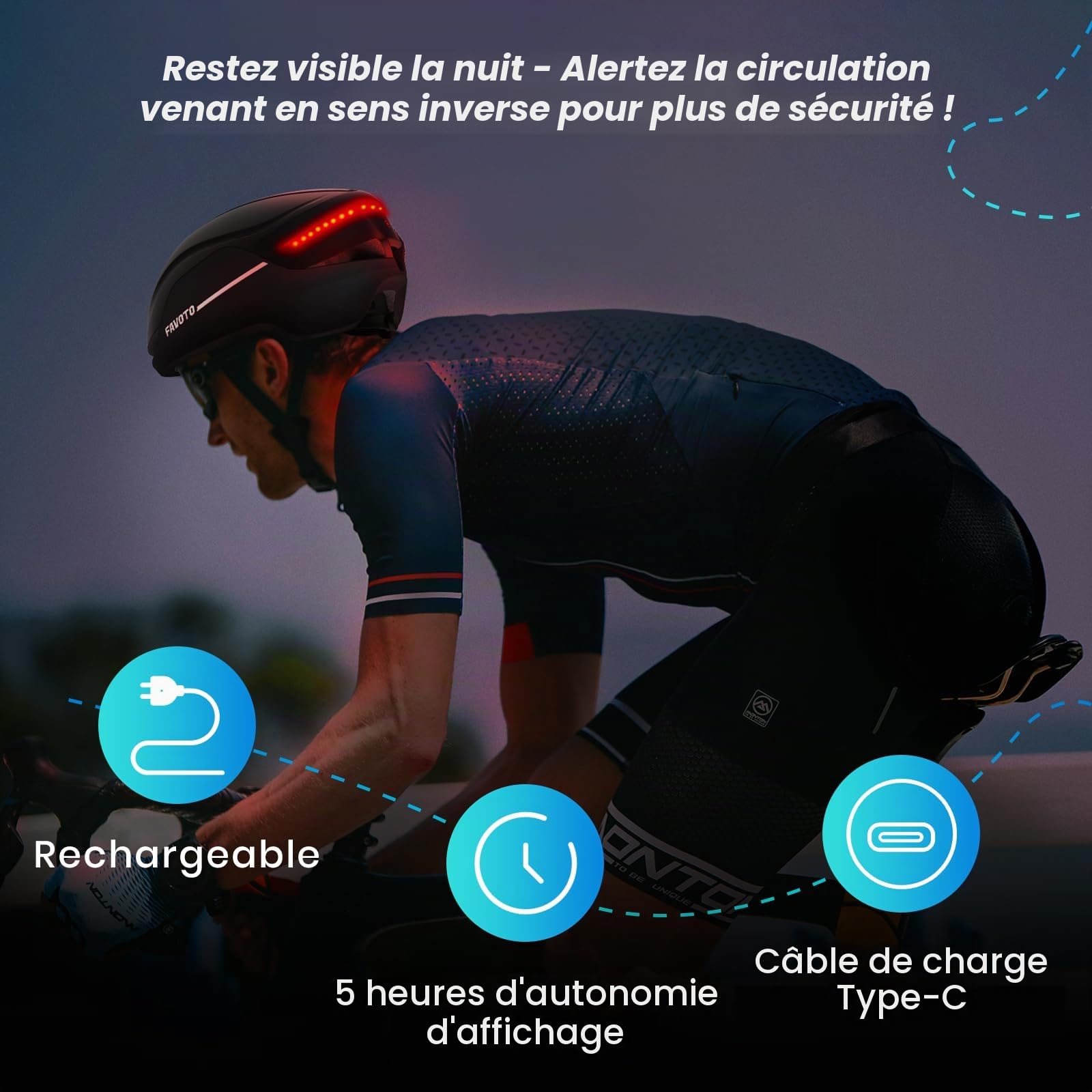 Favoto Casque Vélo Route & E-Bike avec Clignotants, Adulte | Certifié NTA 8776, boucle magnétique, In-Mould & feu arrière. Idéal pour le vélotaf et le vélo électrique