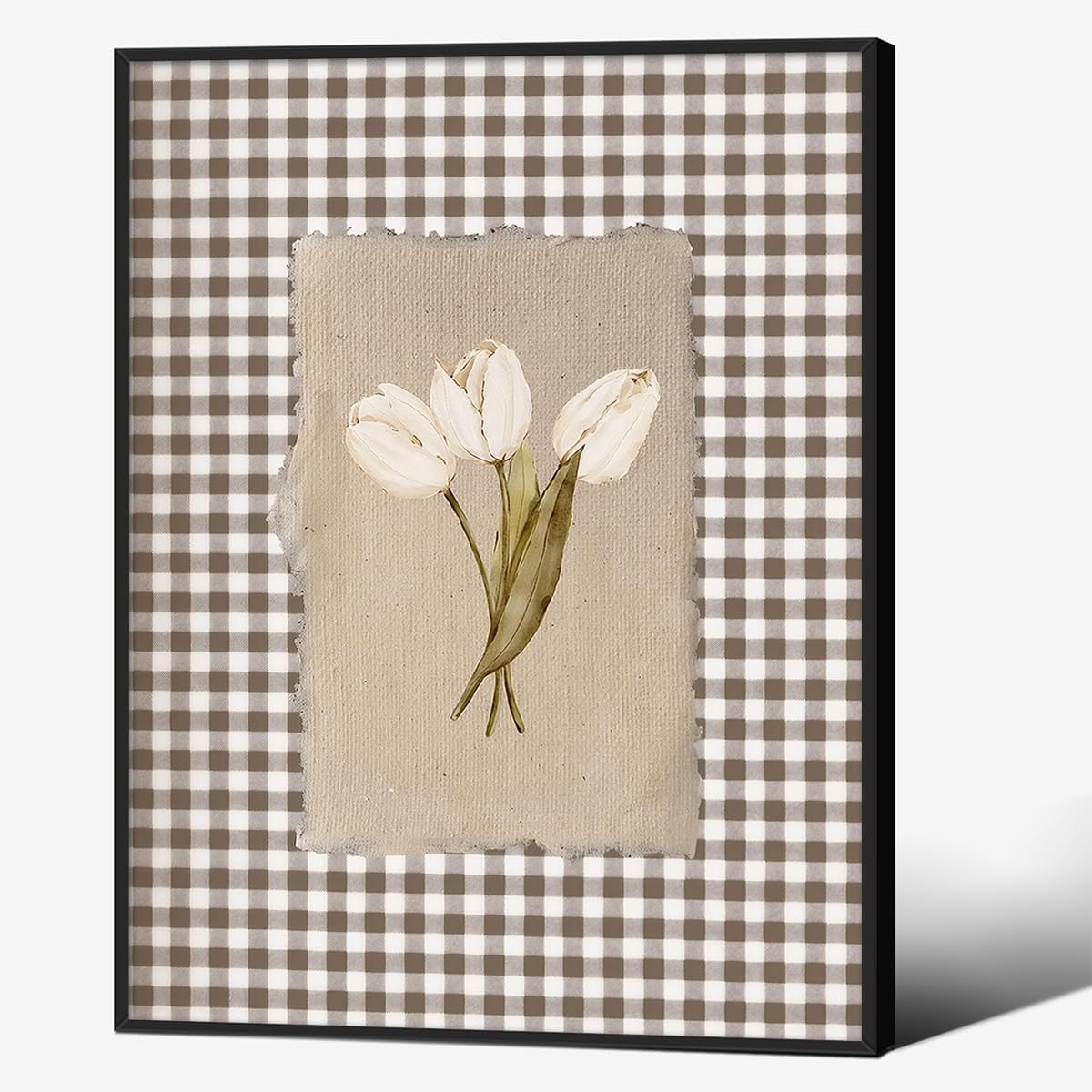 White Tulips Floral Wall Art Vintage Cottagecore Botanical Poster 12X16 inch Black Framed Rustic Brown Gingham Canvas Prints for Farmhouse Bedroom Wall Decor