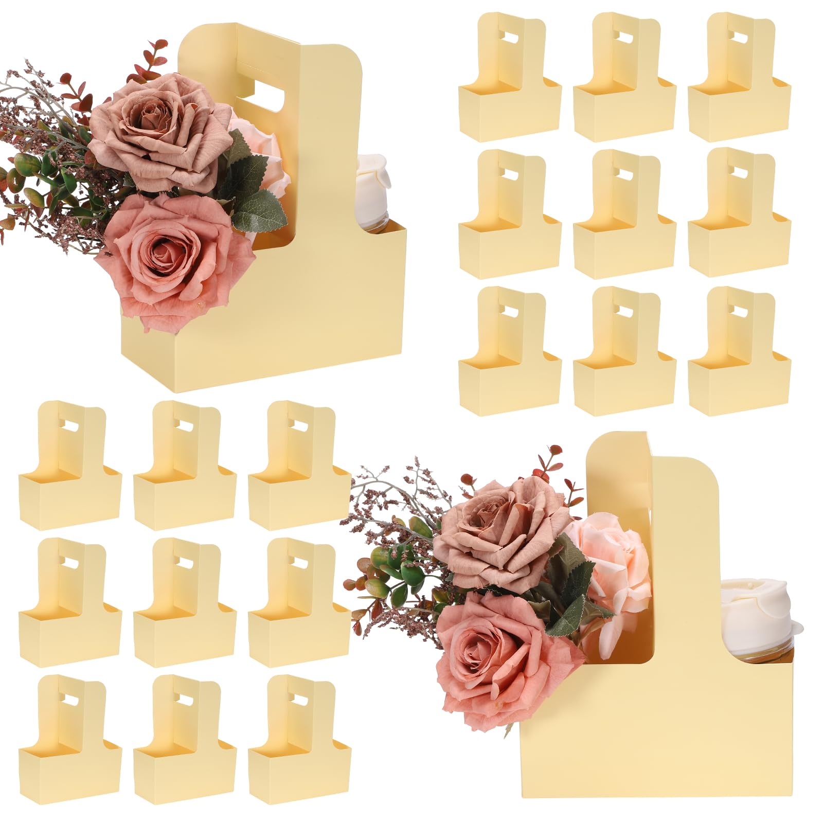 sourcing map 2 Cup Drink Carrier with Handle, 20 Pcs Kraft Paper Flower Gift Bags, Floral Wrap Packing Box, Cardboard Cup Holder Portable for Coffee Tea Bouquet Birthday Party, Beige